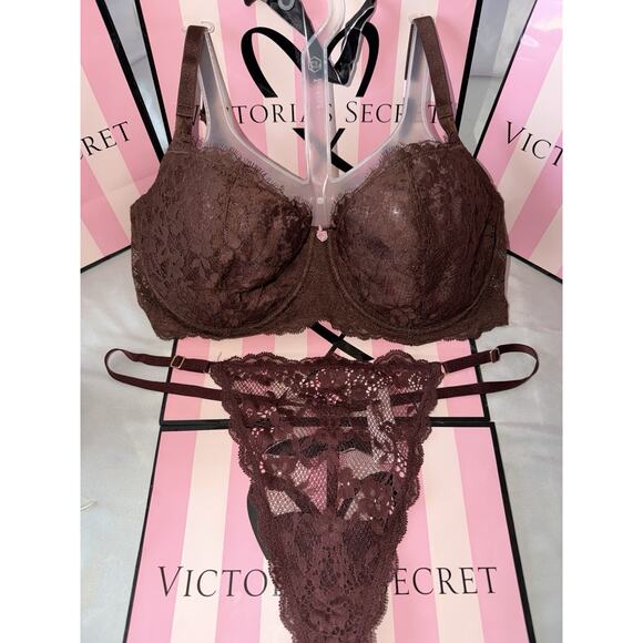 Victoria's Secret Other - Victoria's Secret Dream Angels Bra W/Thong 38DD XL Brown Lace